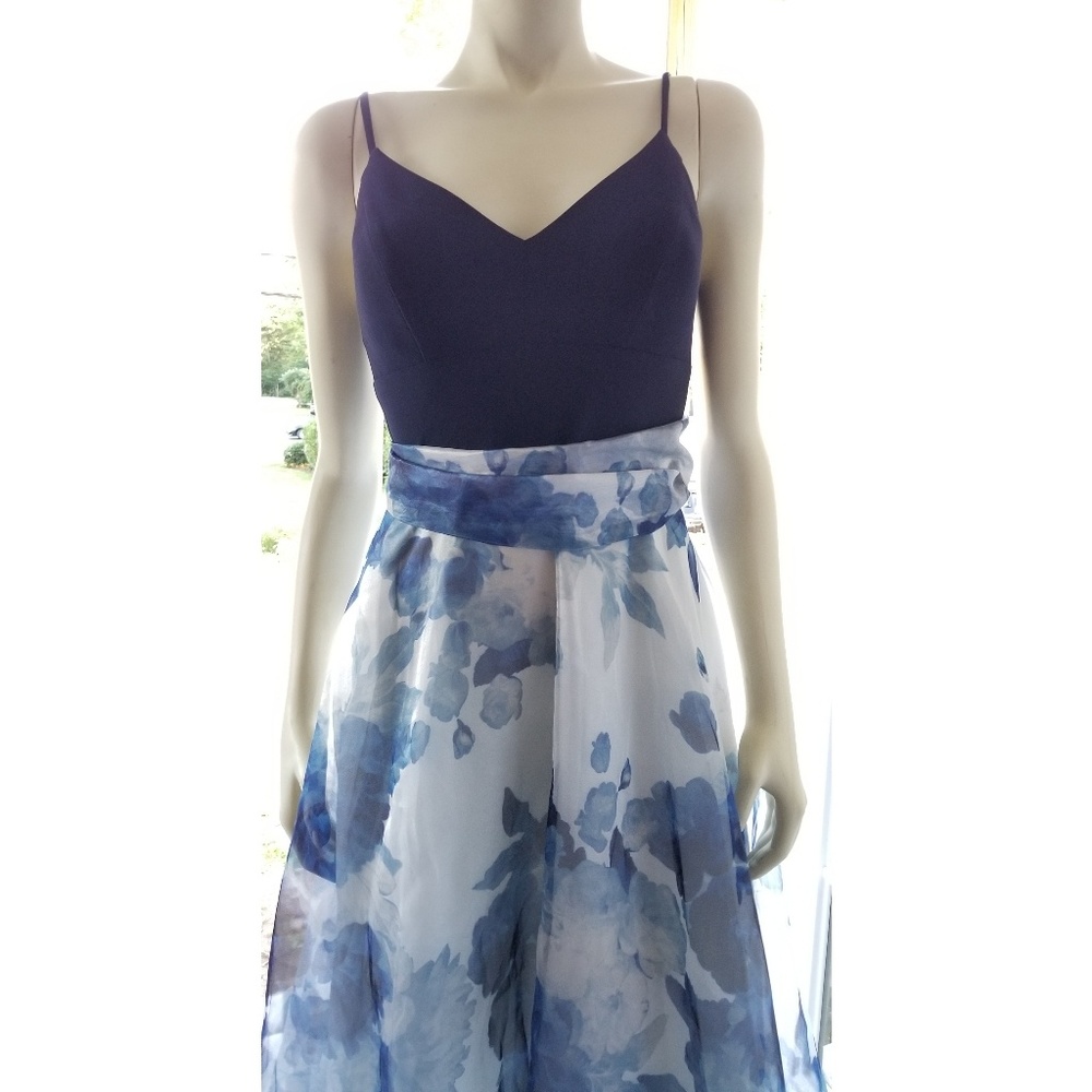 Eliza J Floral Print Bow Waist Organza Gown,6